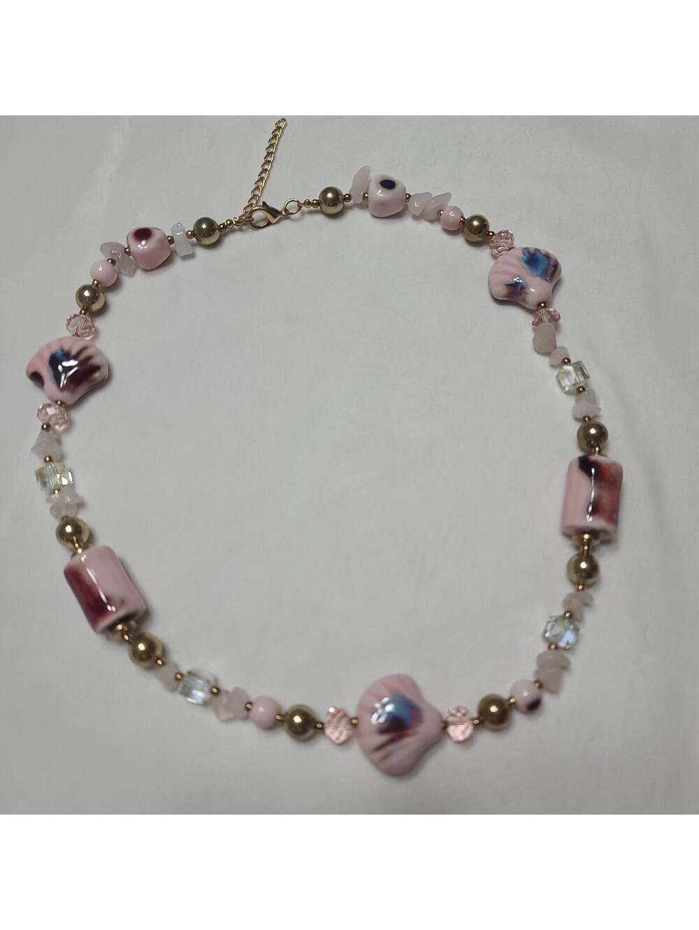 Gorgeous Statement Necklace Ceramic Shell & Tube Beads Pink Blue Brown Large